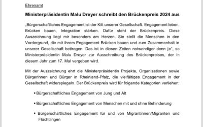 Brückenpreis 2024 …. Wir wurden vom Kreisbeigeordneten Jens Firmenich vorgeschlagen, um am Bewerbungsverfahren teilzunehmen.